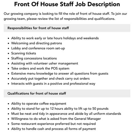 Front of House Jobs 